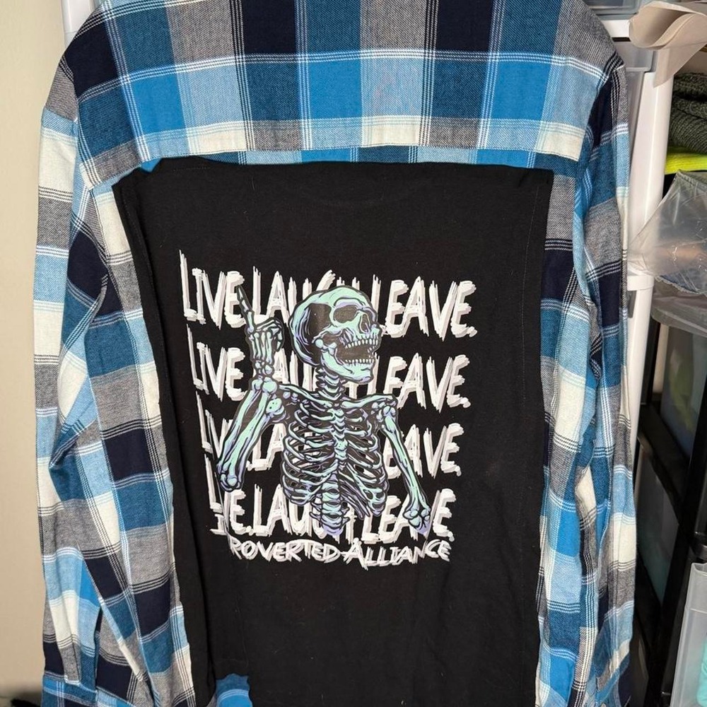 Club Room Upcycled Flannel Shirt Mens L Blue Plaid Skeleton Live Laugh Leave